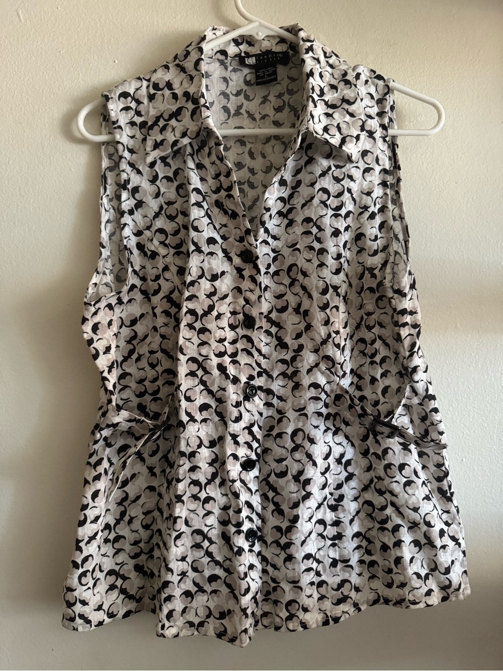 Carole Little White and Black Printed Sleeveless Button Front 100% Linen Tank
